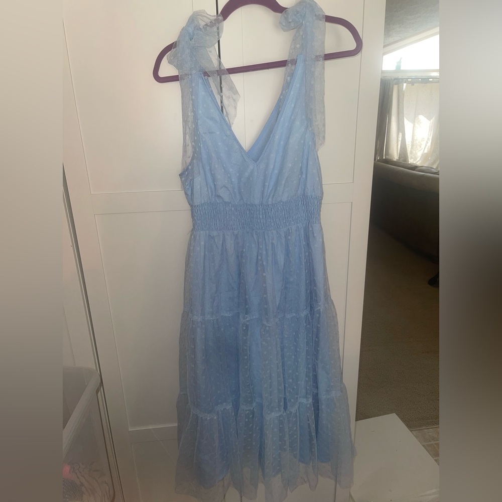 Light Blue Tie sleeveless Polkadot Dress